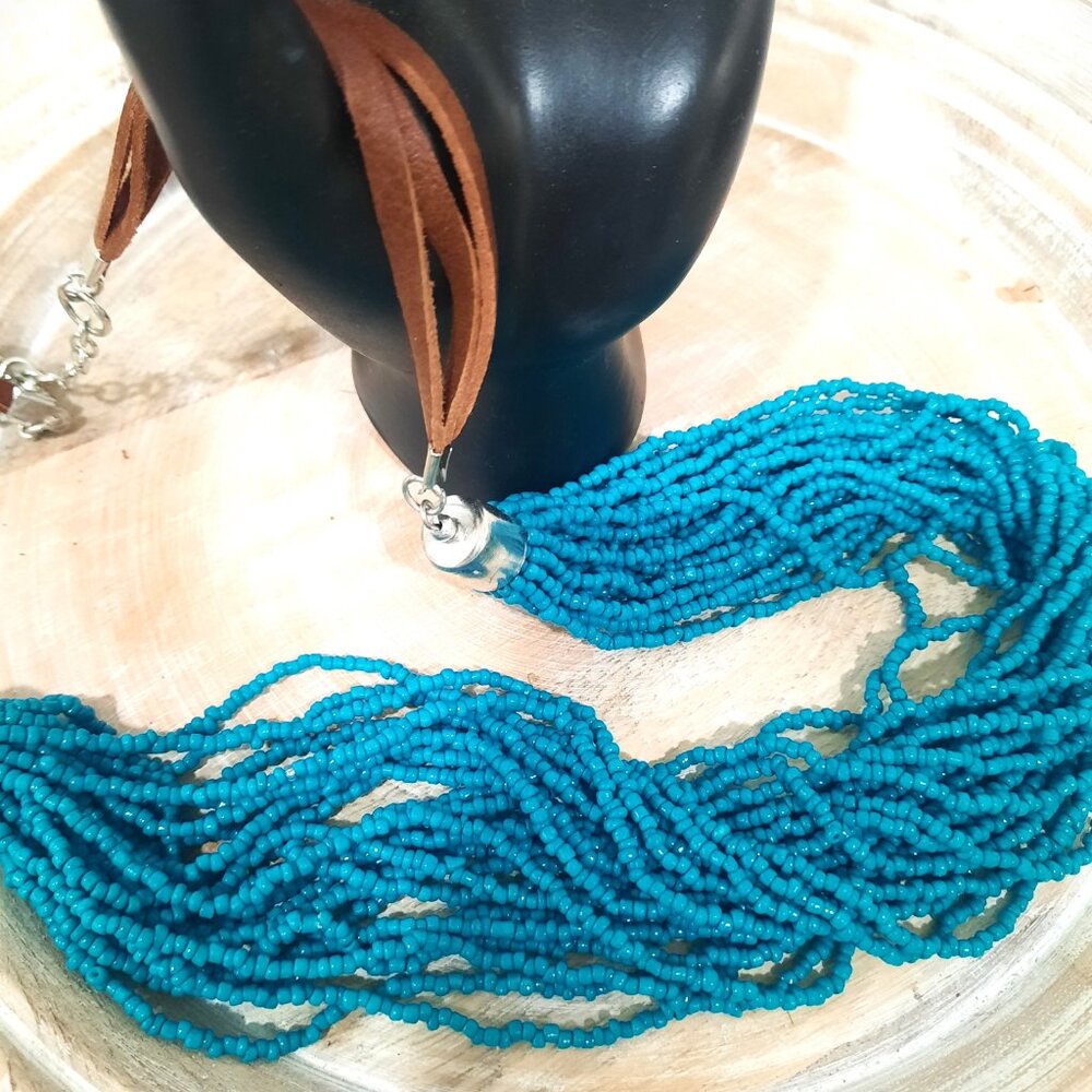 Turquoise Colored Multi Strand Beaded Statement Necklace with Leather Accent - Picture 4 of 4